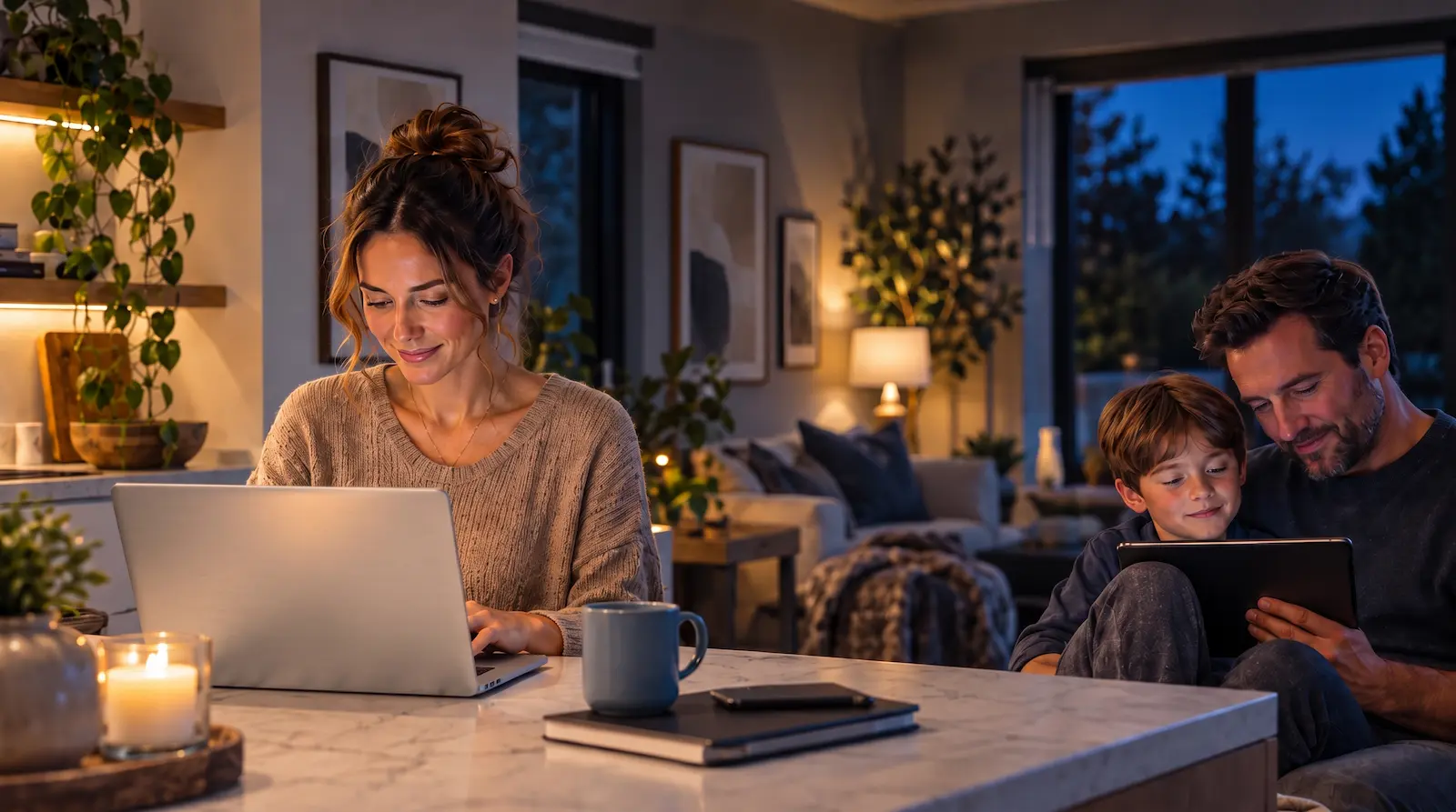 Family using protected laptops and computers safely at home